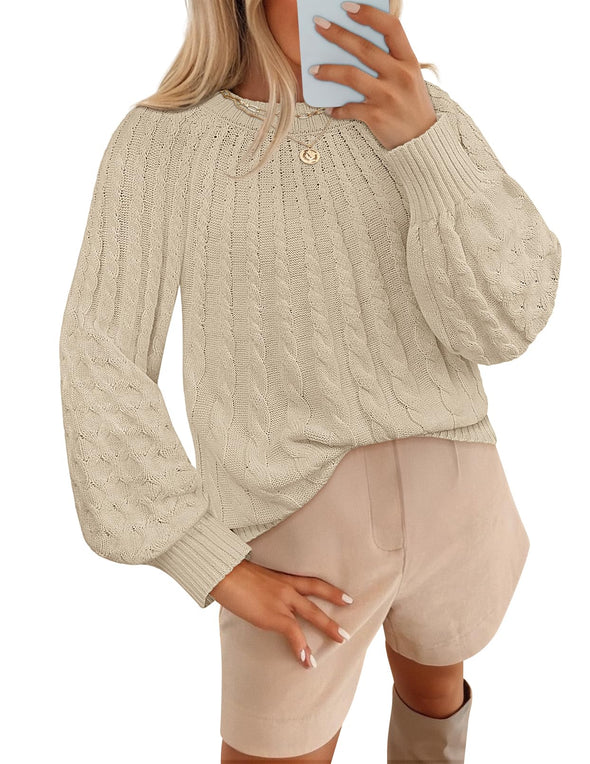 MEROKEETY Cable Knit Warm Crew Neck Lantern Chunky Winter Pullover Tops