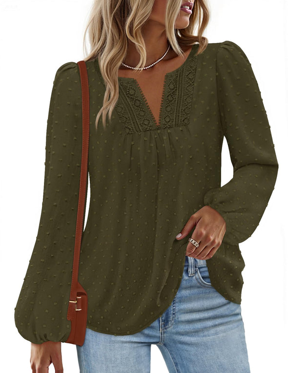 MEROKEETY Fall Blouse Crochet Lace V Neck Swiss Dot Tops