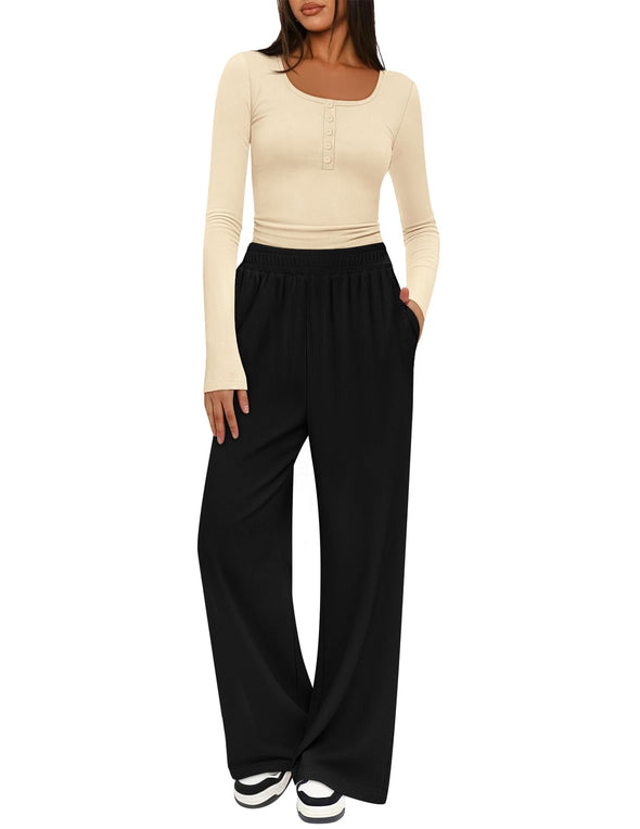 MEROKEETY Lounge Sets Henley Shirts Wide Leg Pants Matching Sets