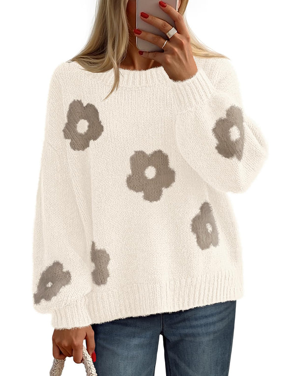 MEROKEETY Floral Cute Long Lantern Sleeve Crewneck Knit Pullover Tops