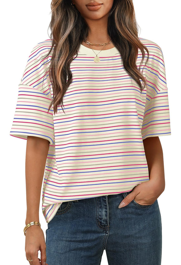 MEROKEETY Casual Colourful Striped Crewneck Loose Tops