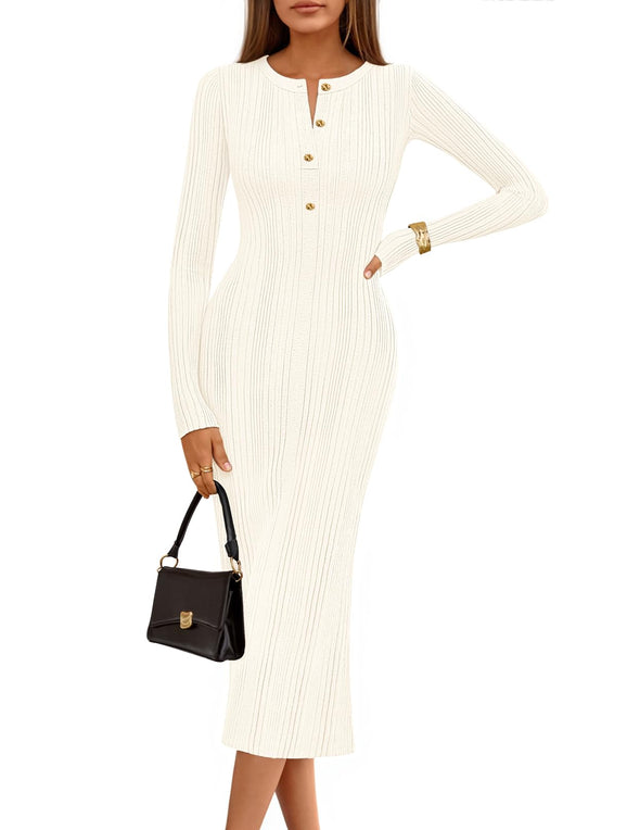 MEROKEETY Bodycon Sweater Button Crew Neck Ribbed Knit Dresses