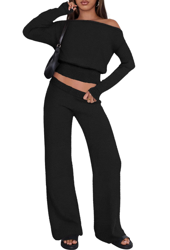 MEROKEETY Pajama Set Fuzzy Fleece Loungewear Off Shoulder Sweater Tops