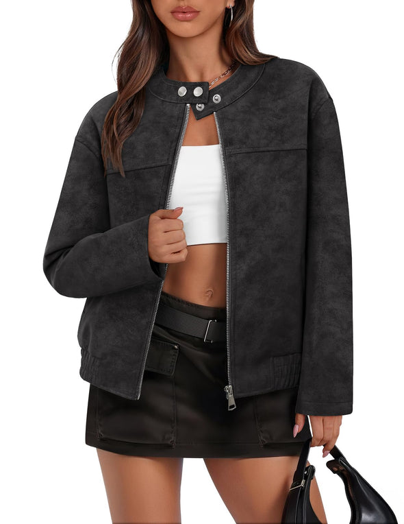 MEROKEETY Faux Suede Bomber Jackets Trendy Zip Up Coat