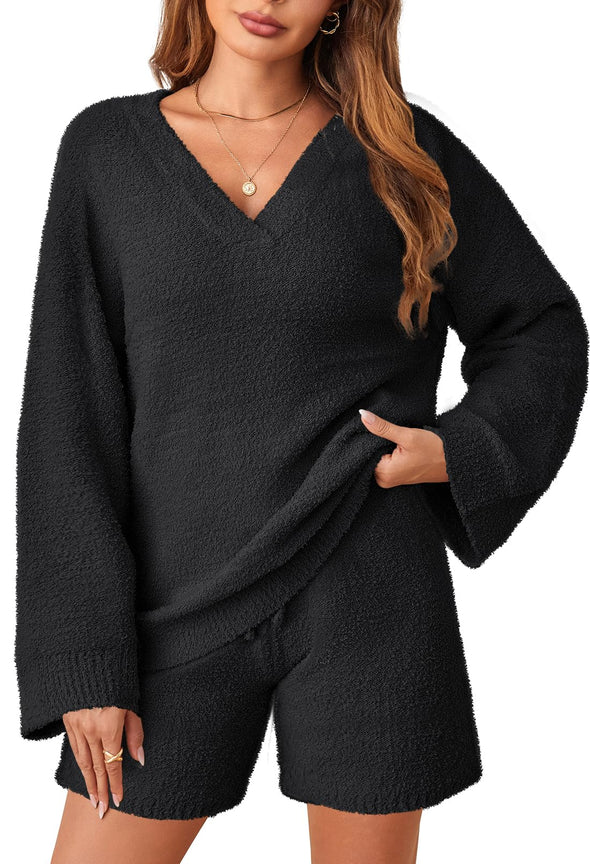 MEROKEETY Fuzzy Fleece Long Sleeve Tops and Shorts Pajamas Set