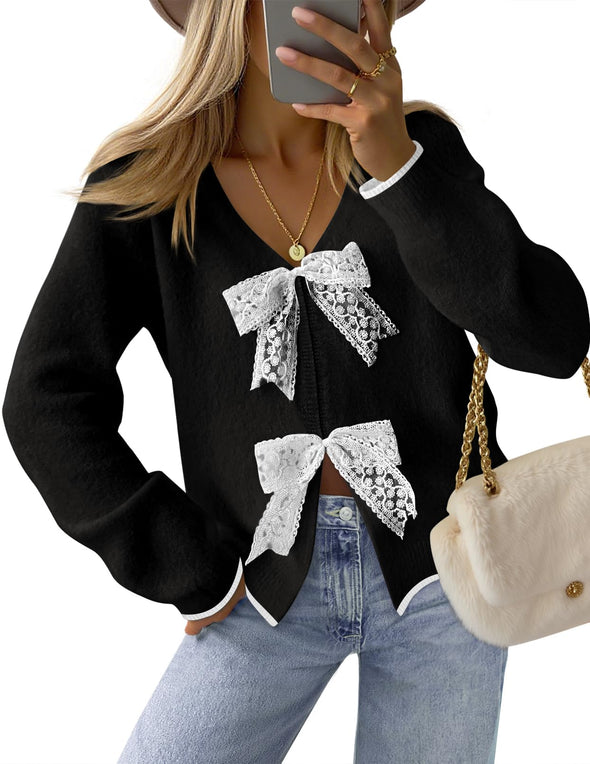 MEROKEETY Tie Front Bow Sweaters Chunky Knit Cute Trendy Coats