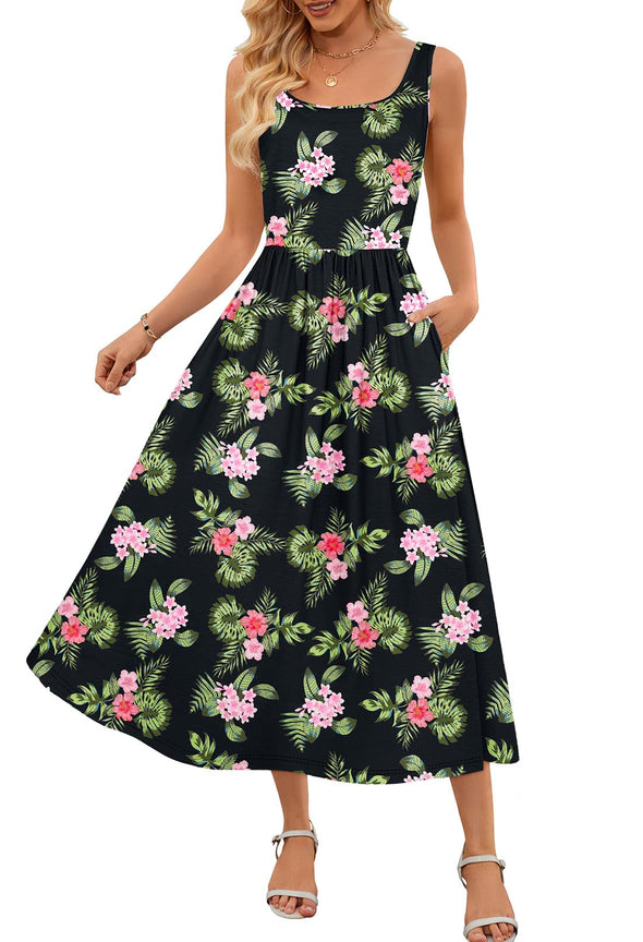 MEROKEETY Casual Floral Sleeveless Flowy Boho Tank Midi Dresses