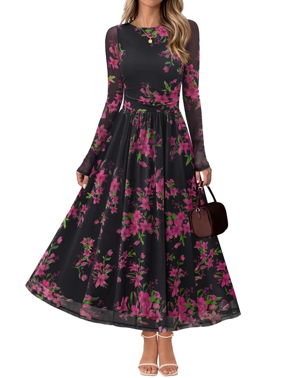 MEROKEETY Wedding Guest Crewneck Floral Flowy Mesh Cocktail Dresses