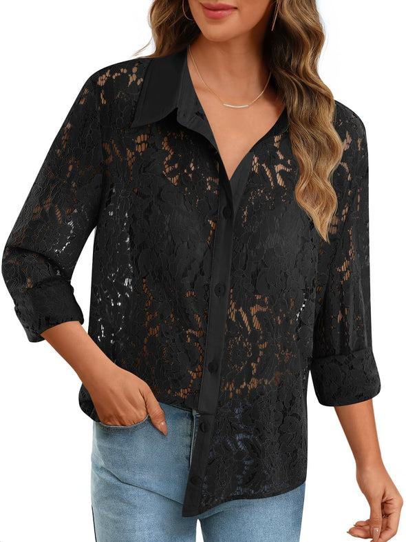 MEROKEETY Lace Sheer Blouses Dressy Down Collared Shirts