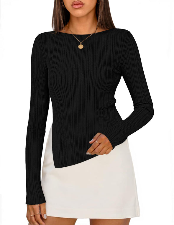 MEROKEETY Sweater Boat Neck Ribbed Asymmetric Lightweight Knit Shirts