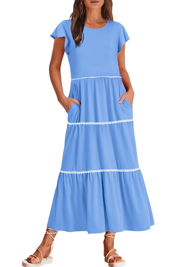 MEROKEETY Short Sleeve Crewneck Flowy Tiered Beach Dresses