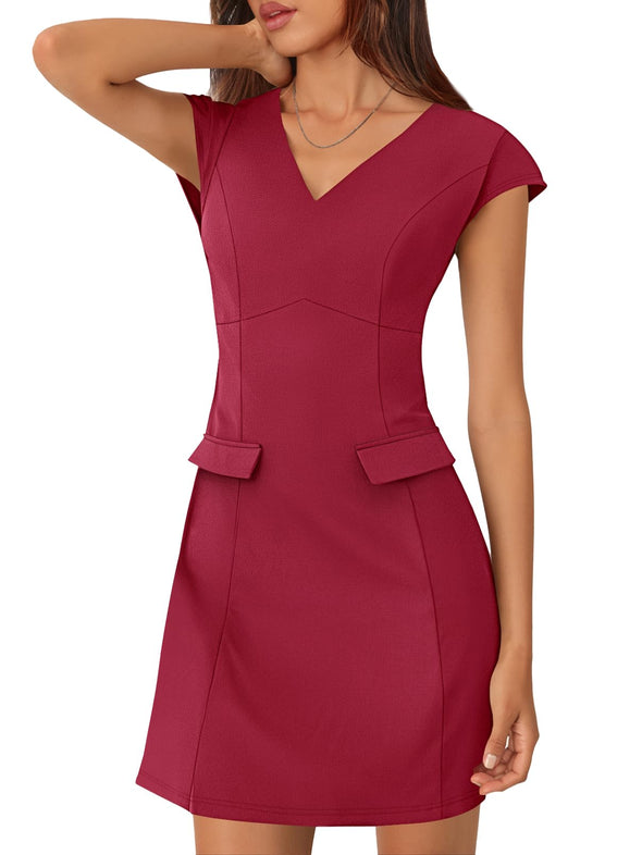 MEROKEETY V Neck Elegant Formal Office Cap Sleeve Mini Dress