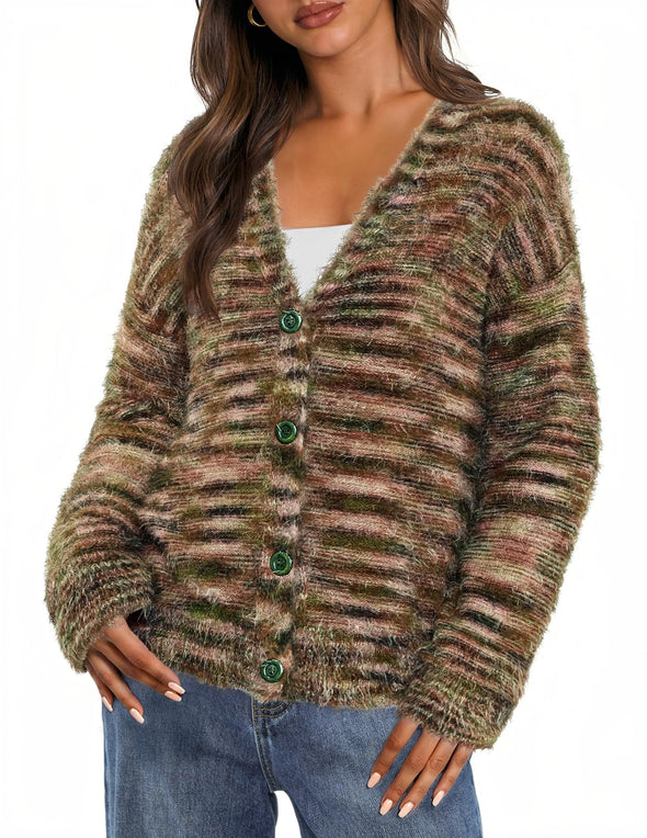 MEROKEETY Fluffy Heathered Knit Button Down Drop Shoulder Coat