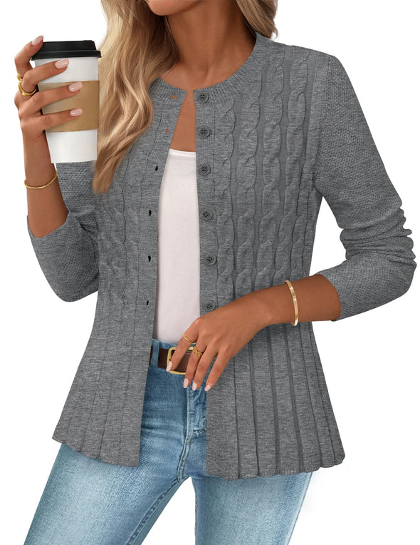 MEROKEETY Cable Knit Peplum Open Front Button Down Soft Knitted Coat