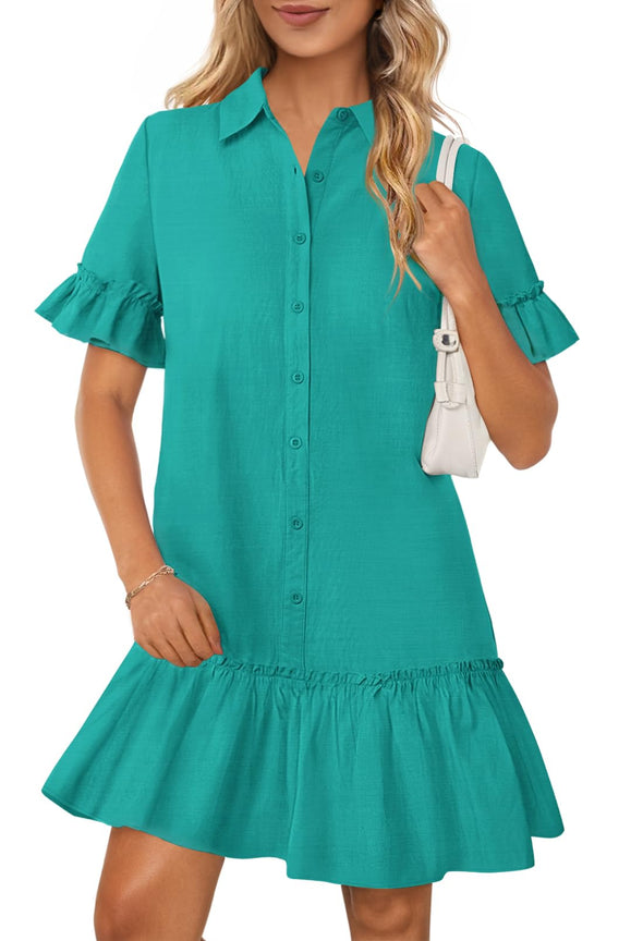 MEROKEETY Button Down Shirt Ruffle Sleeve Shift Dresses