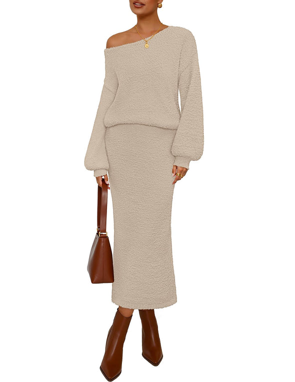 MEROKEETY Fall Fuzzy Boat Neck Pullover Top Maxi Skirt