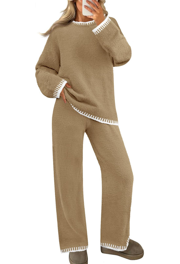 MEROKEETY Fuzzy Fleece Top Wide Leg Pants Sweater Pajama Set