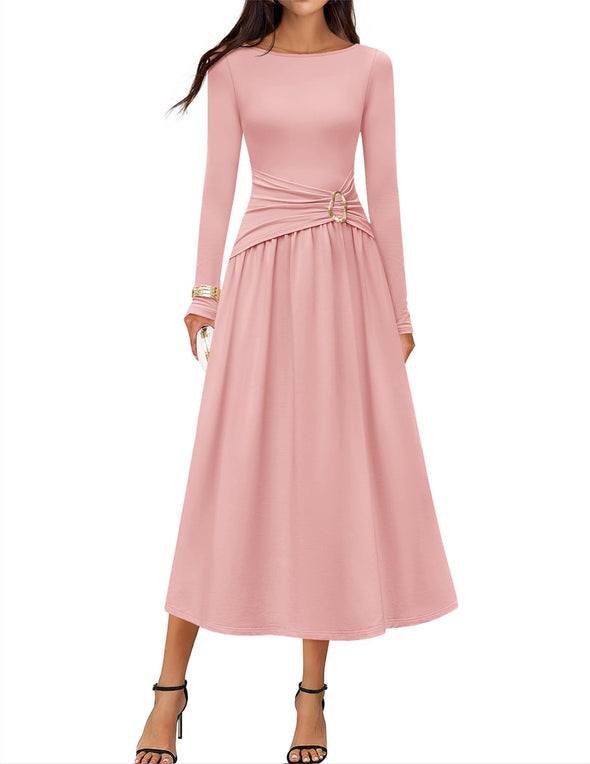 MEROKEETY Elegant Boat Neck Ruched Swing Cocktail Party Dresses