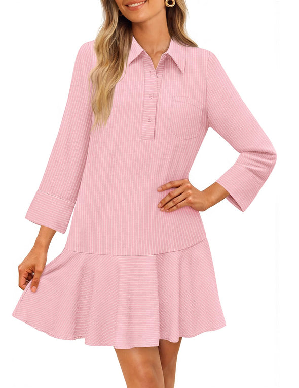 MEROKEETY 3/4 Sleeve Shirt Button Down Shift Pleated Midi Dresses