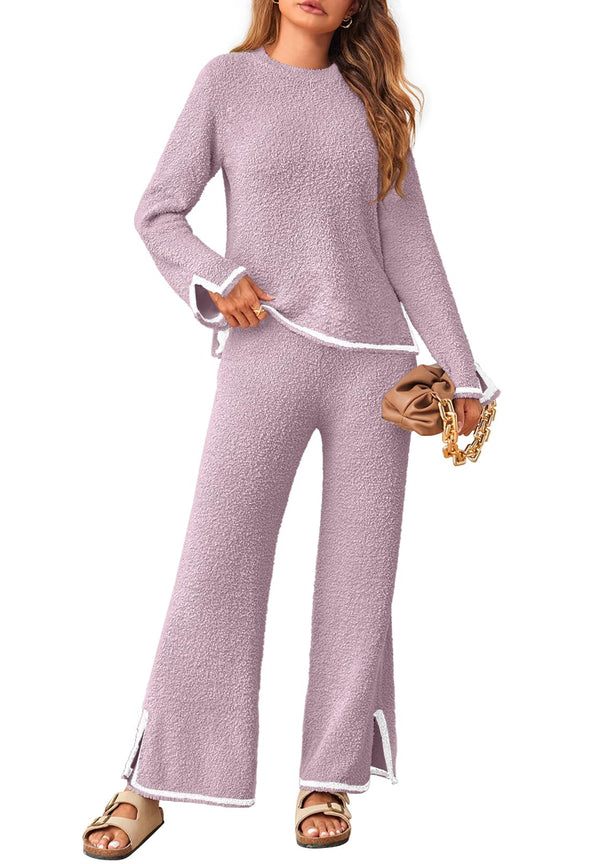 MEROKEETY Long Sleeve Sweater Pants Cozy Knit Pajama Set