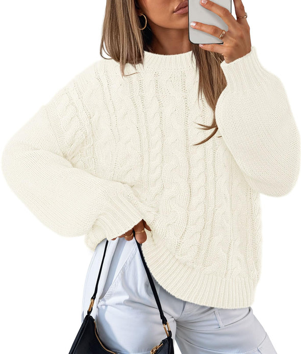 MEROKEETY Chunky Cable Knit Solid Crewneck Casual Pullover Tops