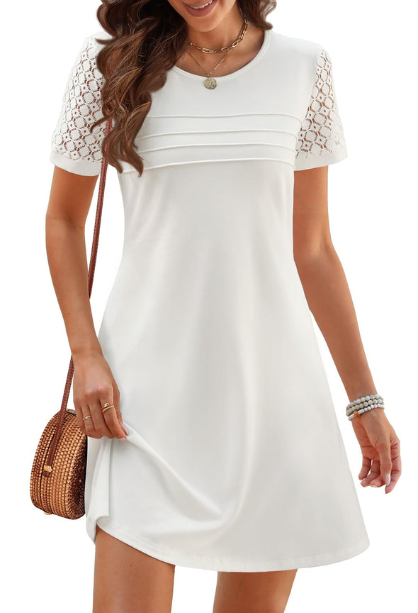 MEROKEETY Short Lace Crew Neck Pleated Front Shift Dresses