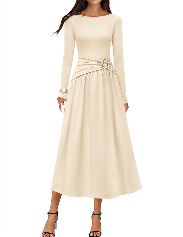 MEROKEETY Elegant Boat Neck Ruched Swing Cocktail Party Dresses