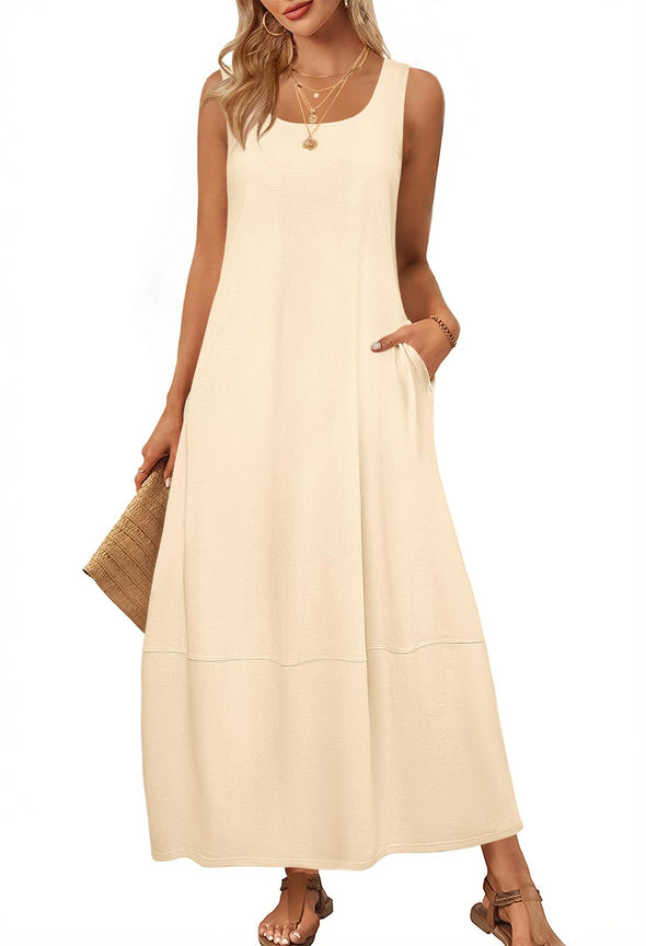 MEROKEETY Beach Dress Scoop Neck Sleeveless Loose Tank Dress