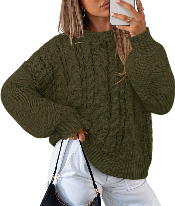 MEROKEETY Chunky Cable Knit Solid Crewneck Casual Pullover Tops
