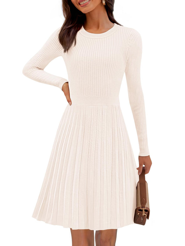 MEROKEETY Crewneck Ribbed Knit A Line Pleated Swing Short Dresses