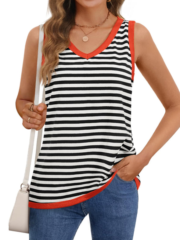 MEROKEETY Sleeveless Tank Trendy V Neck Loose Striped Tops