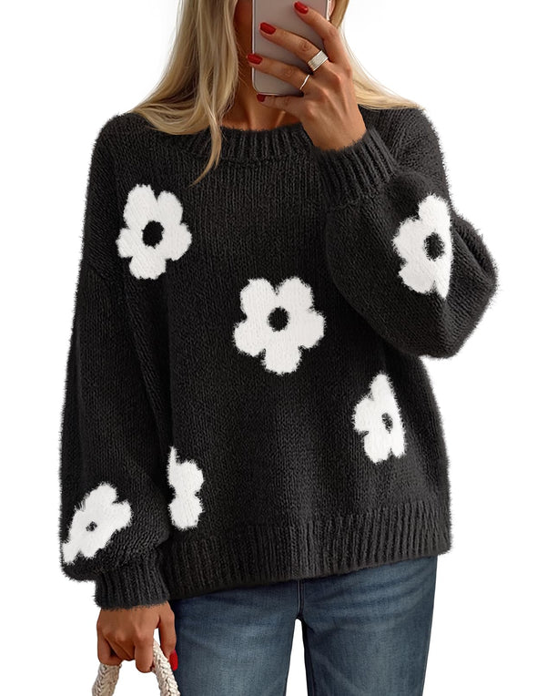 MEROKEETY Floral Cute Long Lantern Sleeve Crewneck Knit Pullover Tops