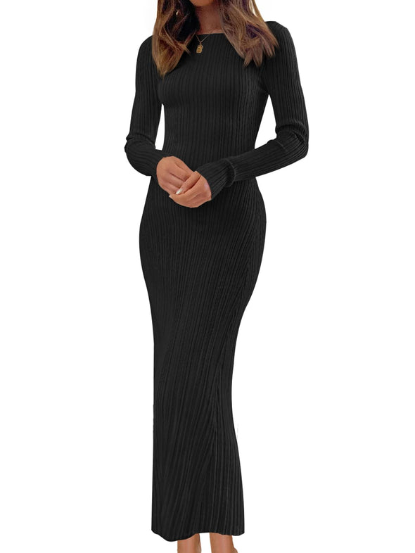 MEROKEETY Crew Neck Ribbed Knit Bodycon Sweater Dress