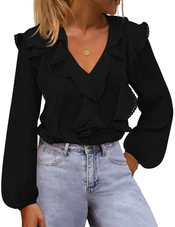 MEROKEETY Ruffle Blouse Dressy Top V Neck Trendy Work Shirts
