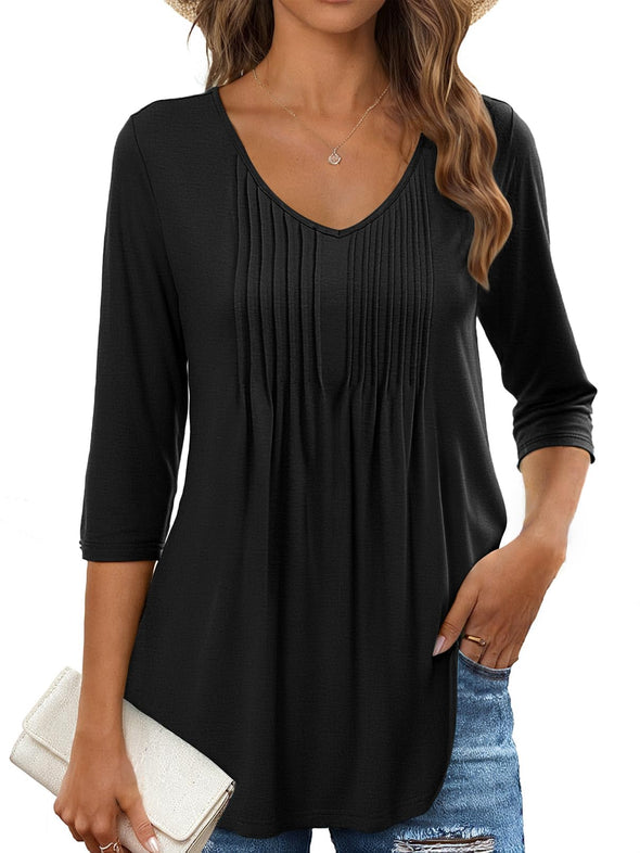 MEROKEETY 3/4 Sleeve Tunic V Neck Basic Pleated Loose Shirts