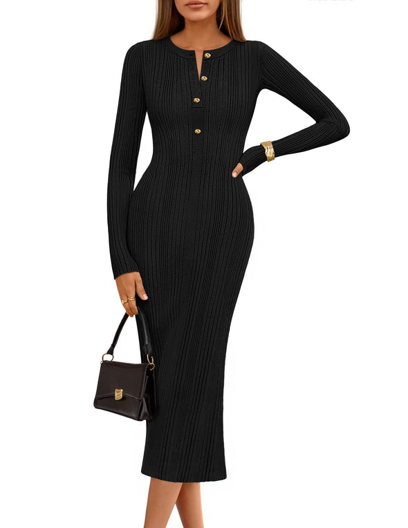 MEROKEETY Bodycon Sweater Button Crew Neck Ribbed Knit Dresses