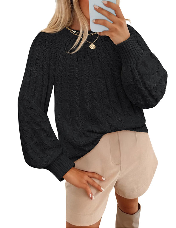 MEROKEETY Cable Knit Warm Crew Neck Lantern Chunky Winter Pullover Tops
