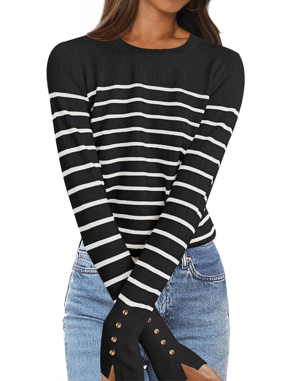 MEROKEETY Striped Knit Shirts Basic Button Pullover Sweater Top