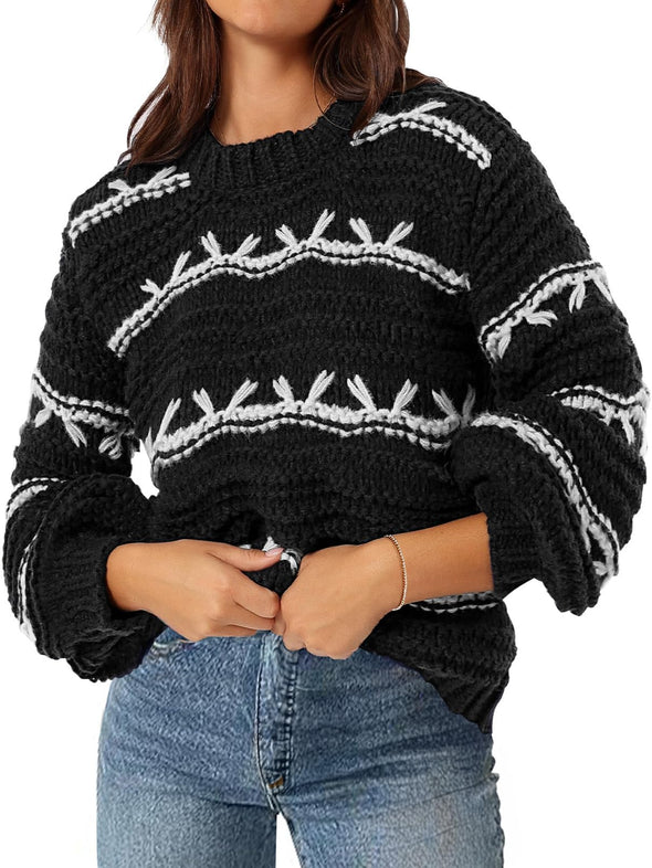 MEROKEETY Crew Neck Chunky Contrast Knit Pullover Sweaters