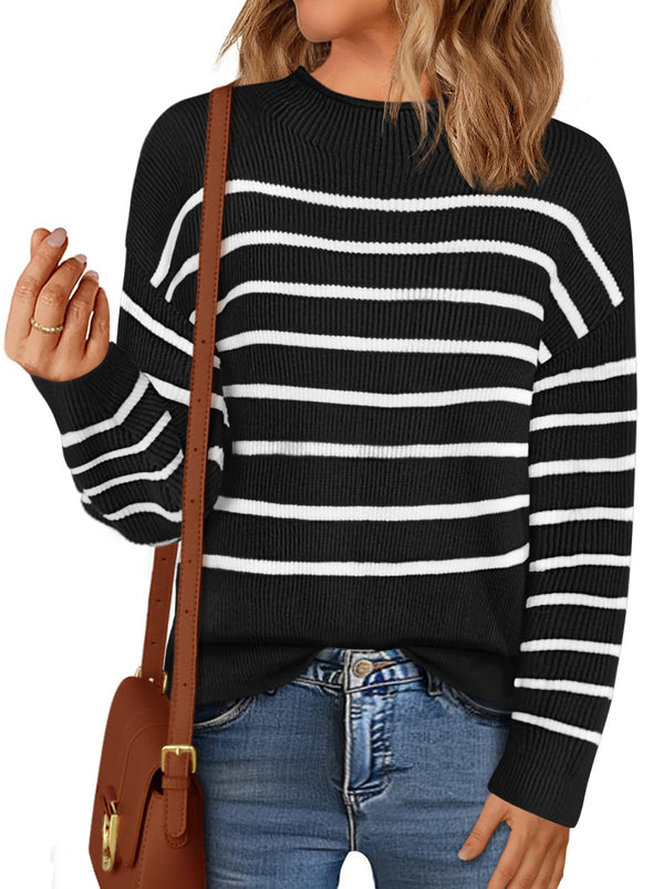 MEROKEETY Striped Pullover Sweaters Turtleneck Casual Knit Tops