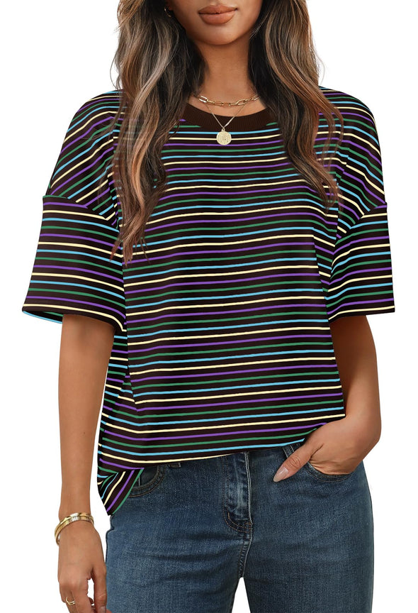 MEROKEETY Casual Colourful Striped Crewneck Loose Tops