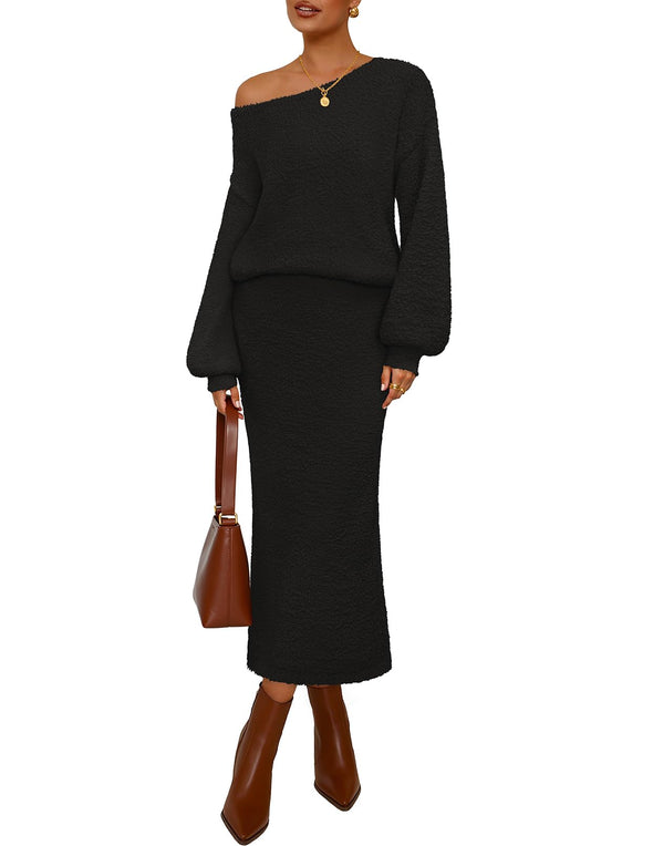 MEROKEETY Fall Fuzzy Boat Neck Pullover Top Maxi Skirt