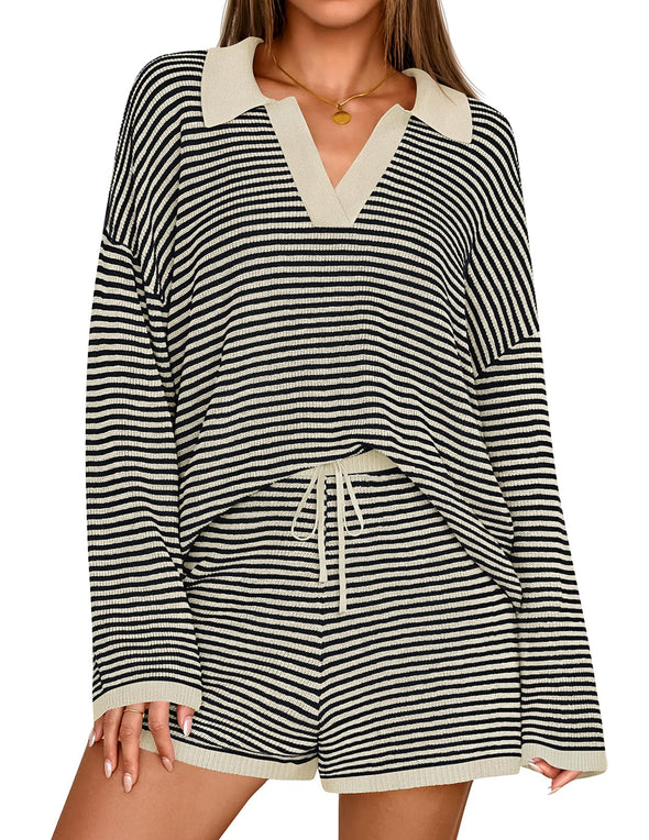 MEROKEETY Casual Striped Sweater Tops Shorts Matching Set