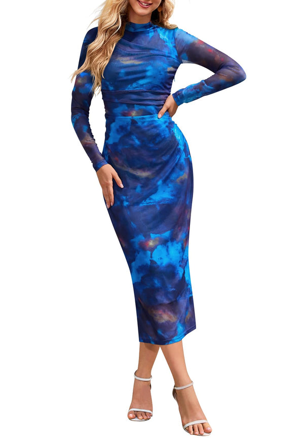 MEROKEETY Tie Dye Bodycon Mock Neck Mesh Ruched Dresses