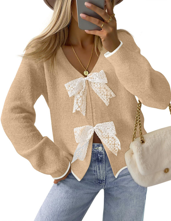 MEROKEETY Tie Front Bow Sweaters Chunky Knit Cute Trendy Coats