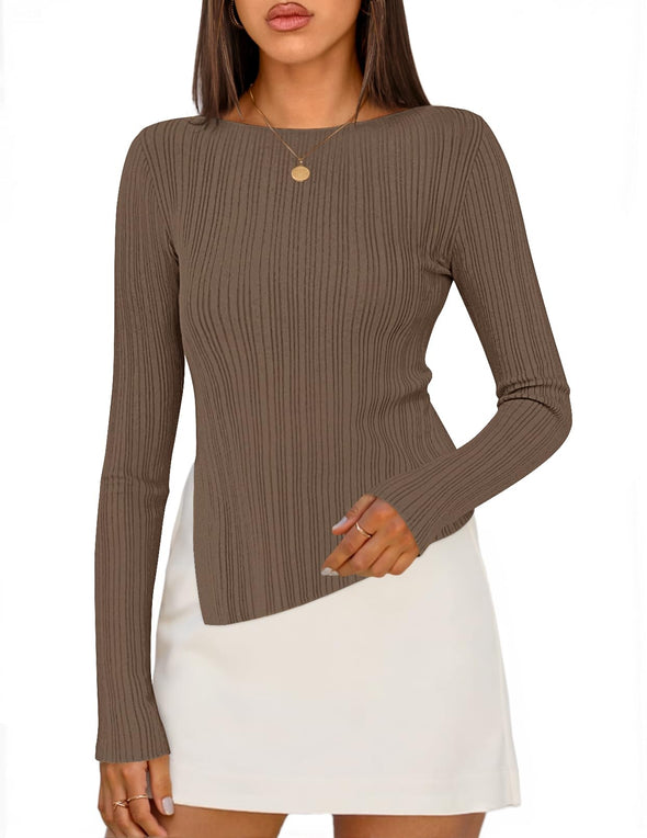 MEROKEETY Sweater Boat Neck Ribbed Asymmetric Lightweight Knit Shirts