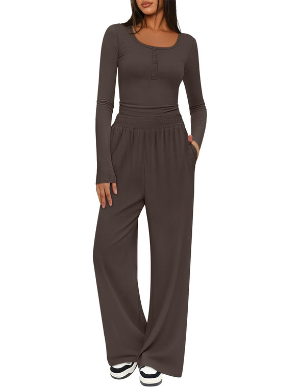 MEROKEETY Lounge Sets Henley Shirts Wide Leg Pants Matching Sets