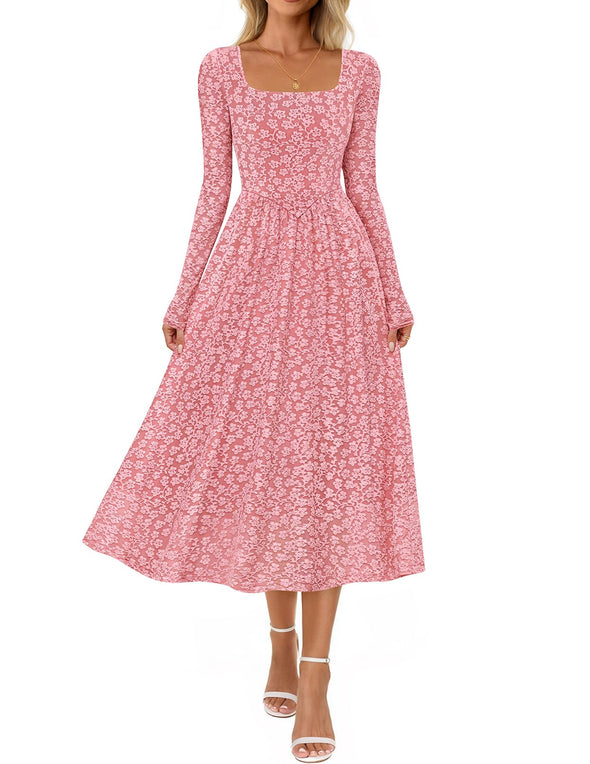 MEROKEETY Floral Square Neck Flowy A Line Wedding Ruched Dress