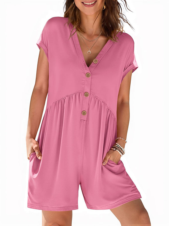 MEROKEETY Cap Sleeve Jumpsuits V Neck Button Short Romper