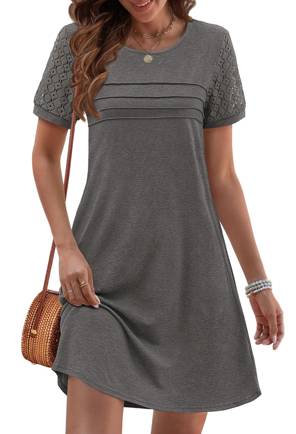 MEROKEETY Short Lace Crew Neck Pleated Front Shift Dresses